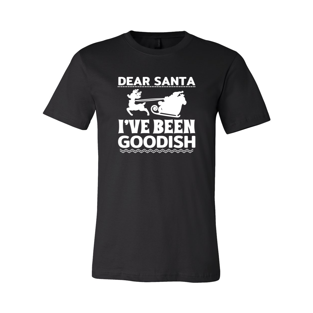 A unisex T-shirt featuring the phrase 'Dear Santa I've Been Goodish' in a playful font, made from soft ring spun cotton, available in various colors.