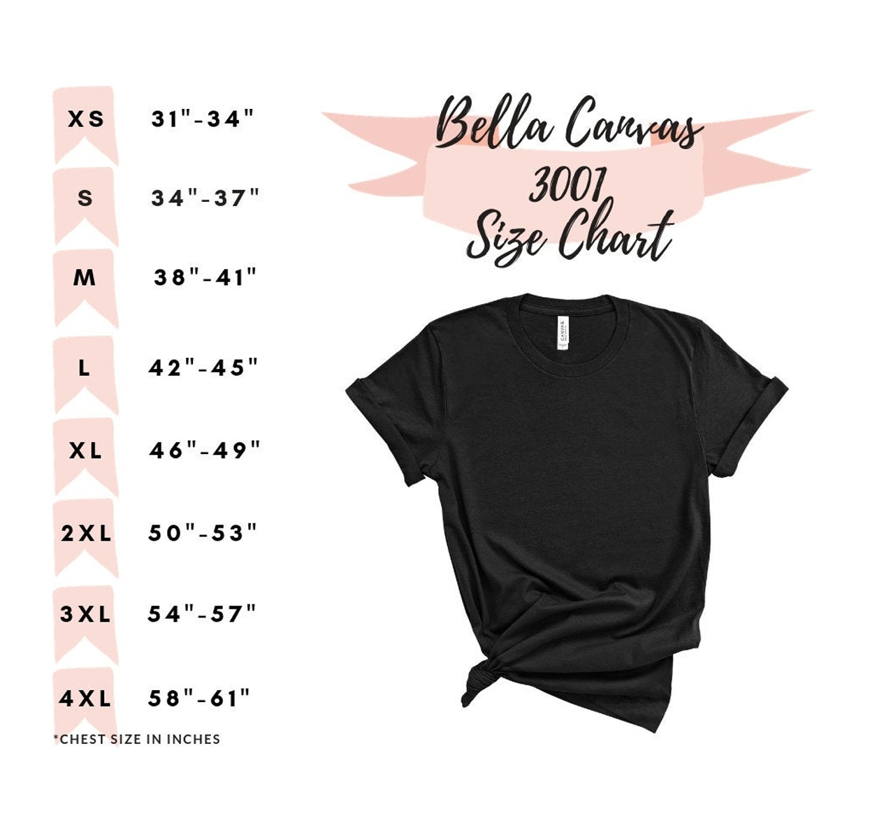 Bella Canvas t-shirt size chart.