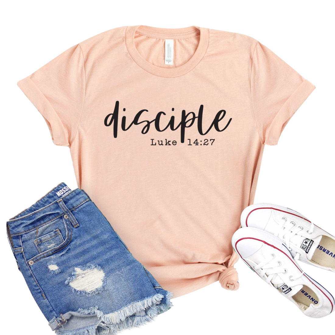 Peach shirt with "Disciple" text