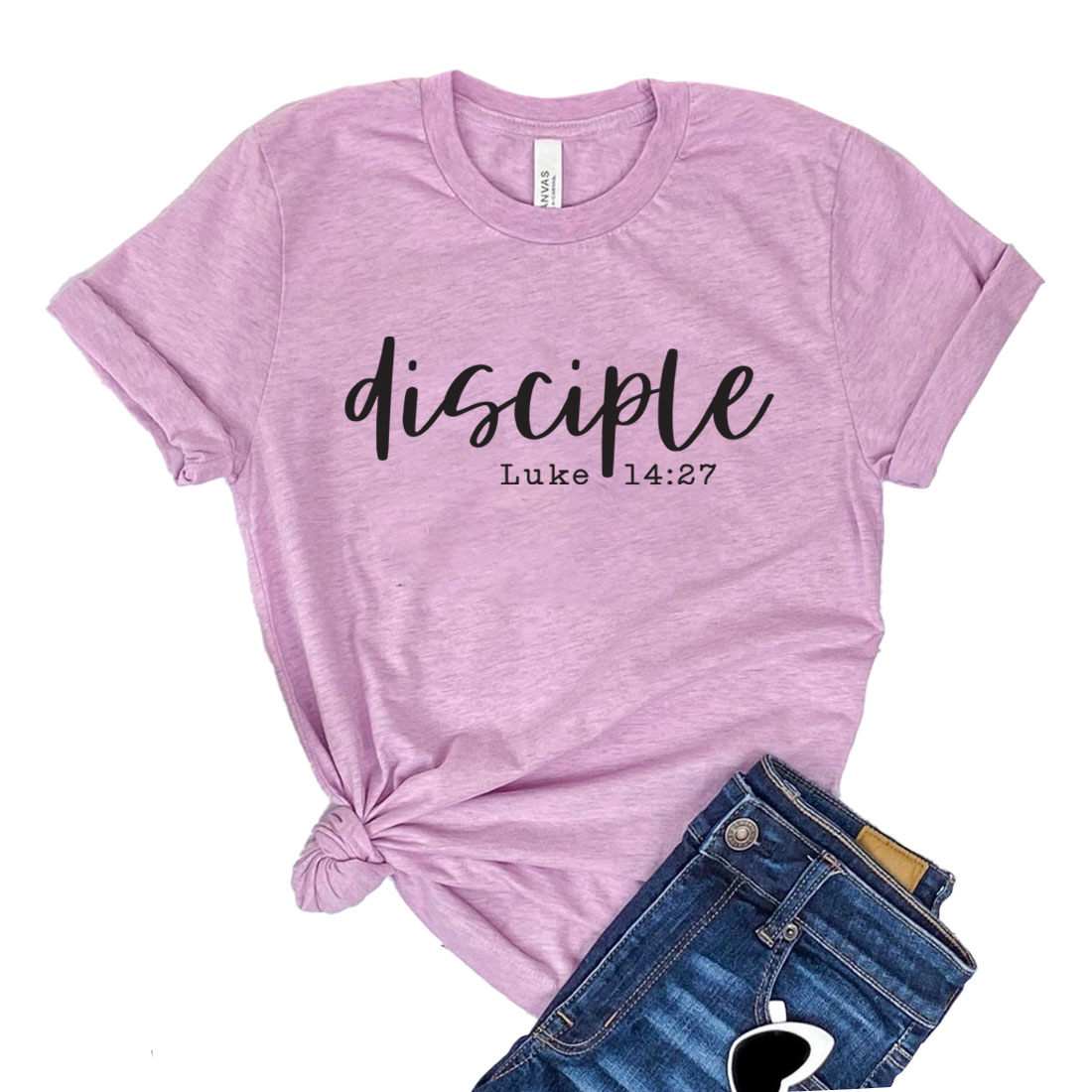 Pink T-shirt with Biblical text.