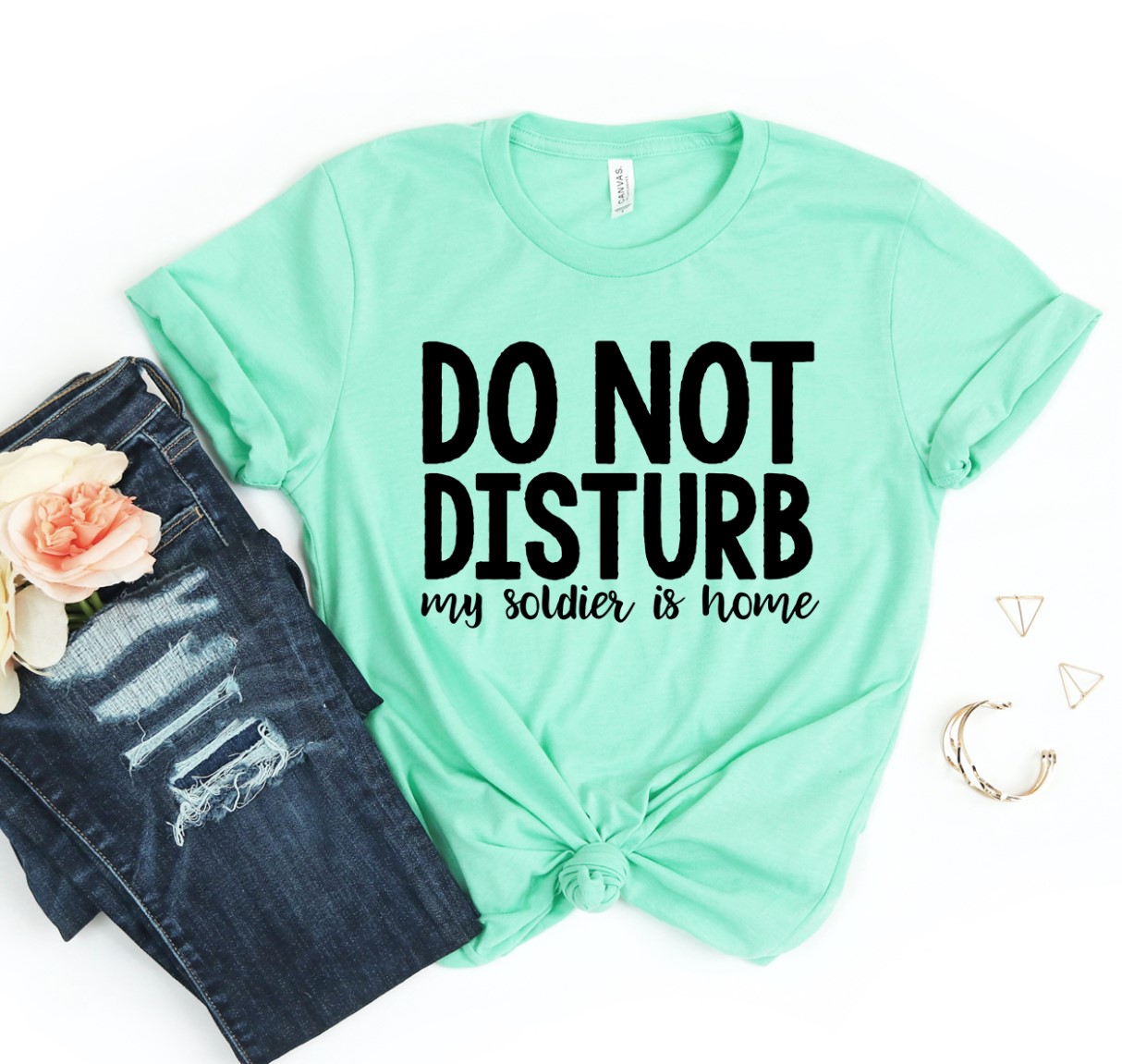 A comfortable 'Do Not Disturb My Soldier Is Home' T-shirt made from premium ring spun cotton, featuring a vibrant flex print design.