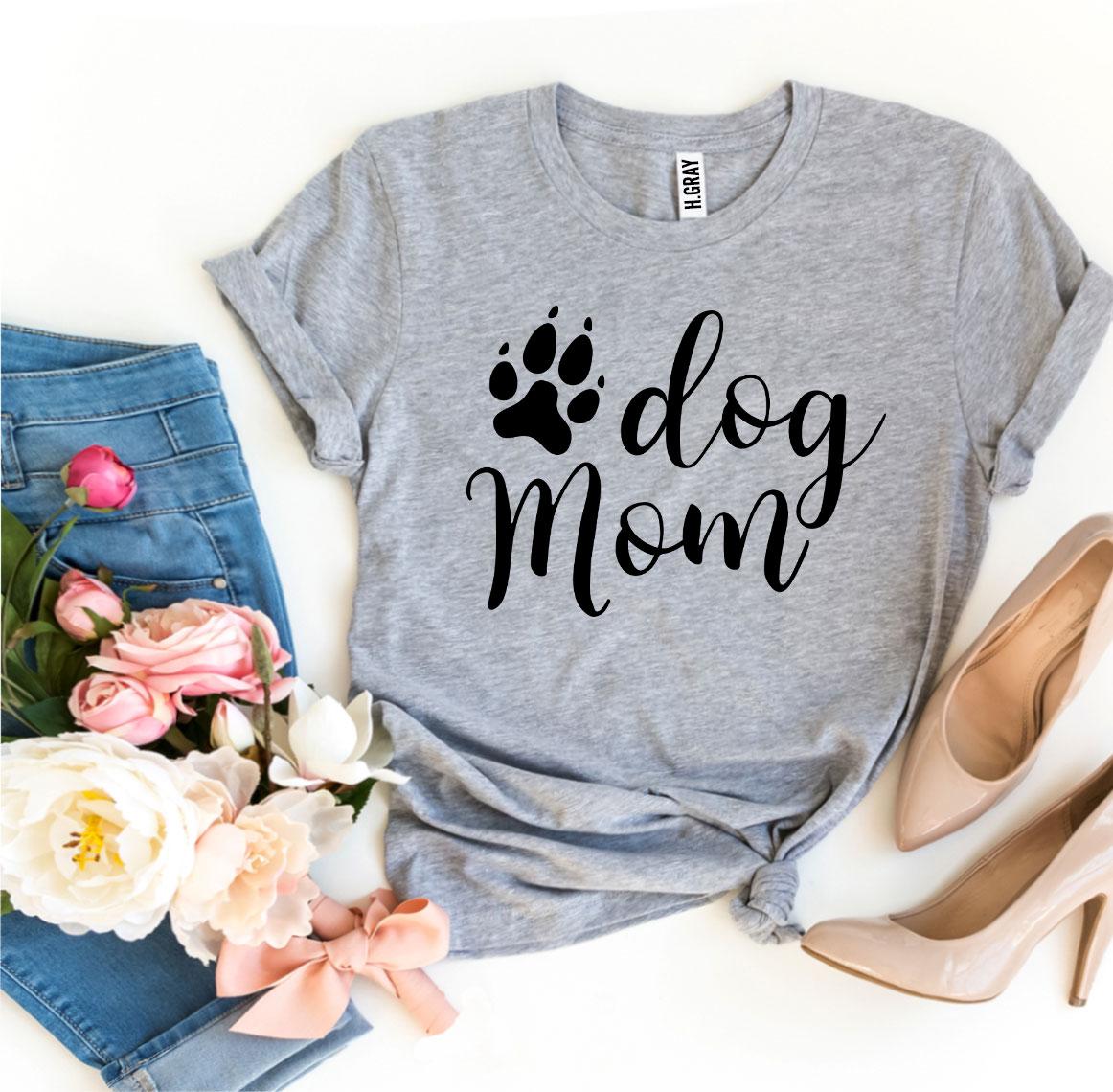 A stylish Dog Mom T-shirt made of premium ring spun cotton, featuring a vibrant flex print design, available in various sizes.