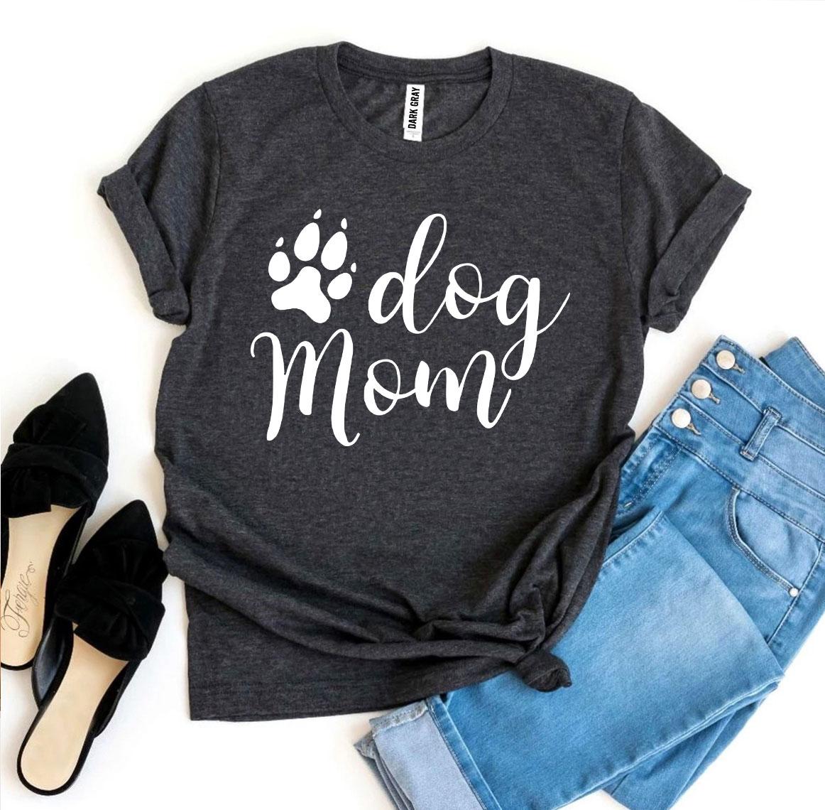 A stylish Dog Mom T-shirt made of premium ring spun cotton, featuring a vibrant flex print design, available in various sizes.