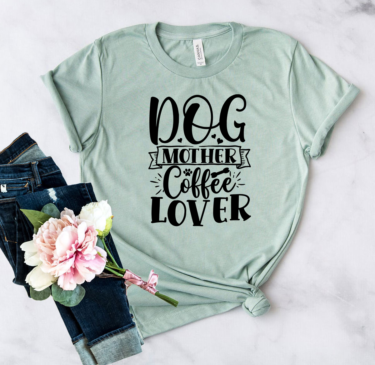 A comfortable unisex T-shirt featuring the phrase 'Dog Mother Coffee Lover' in stylish print, available in various colors.