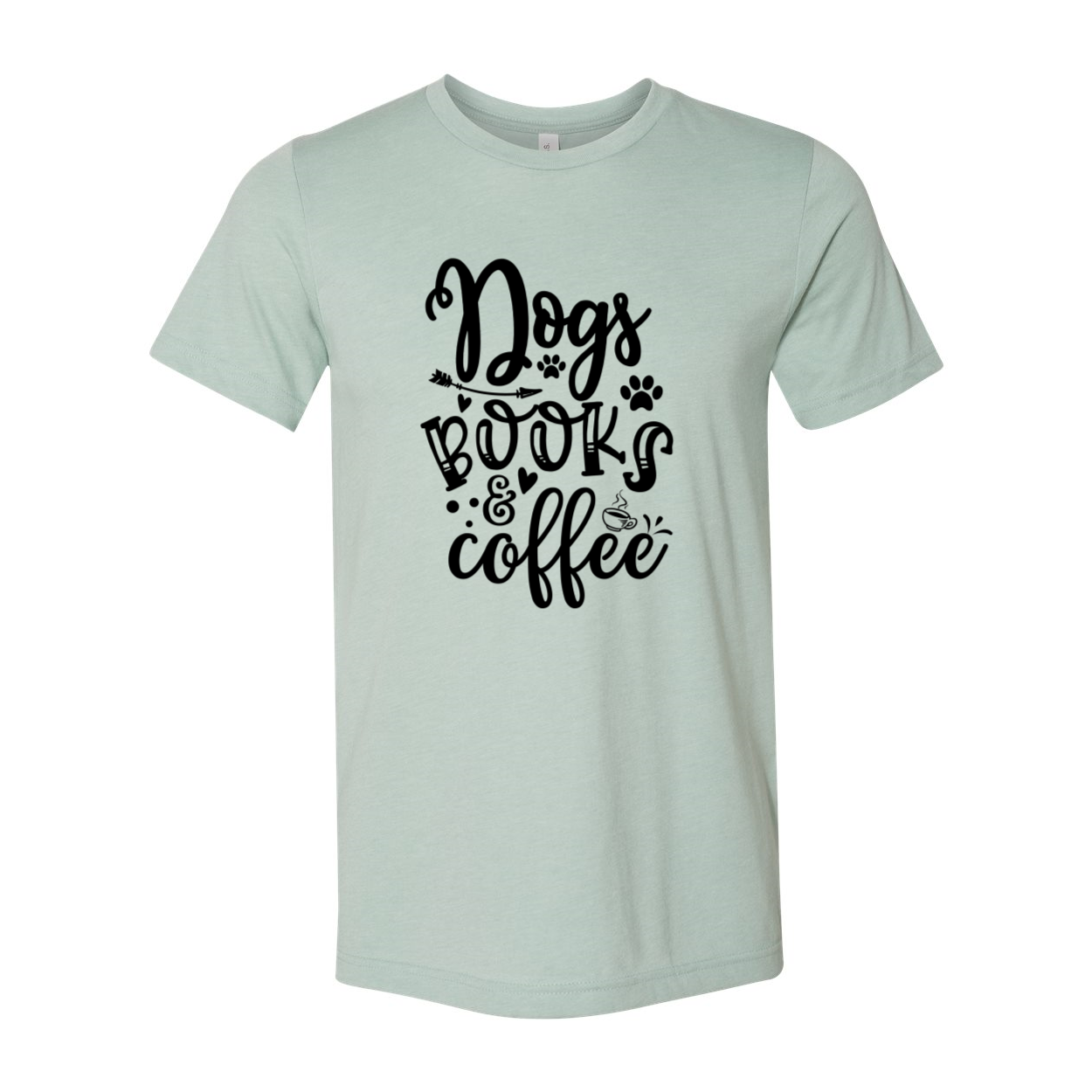 A comfortable unisex T-shirt featuring a design that celebrates dogs, books, and coffee, available in multiple colors.