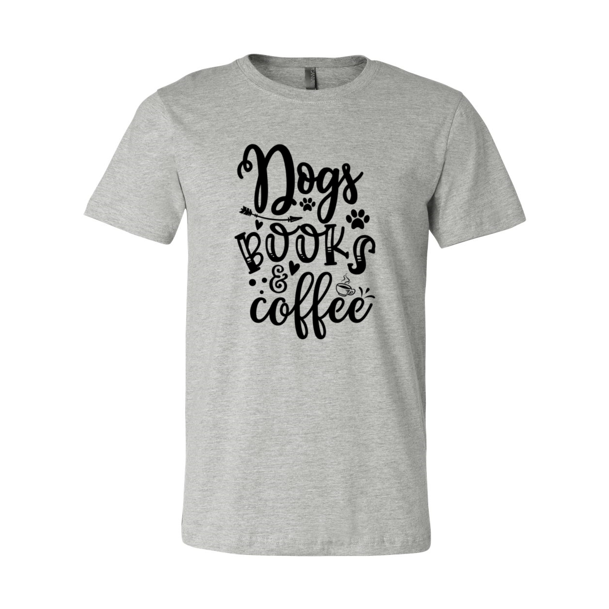 A comfortable unisex T-shirt featuring a design that celebrates dogs, books, and coffee, available in multiple colors.