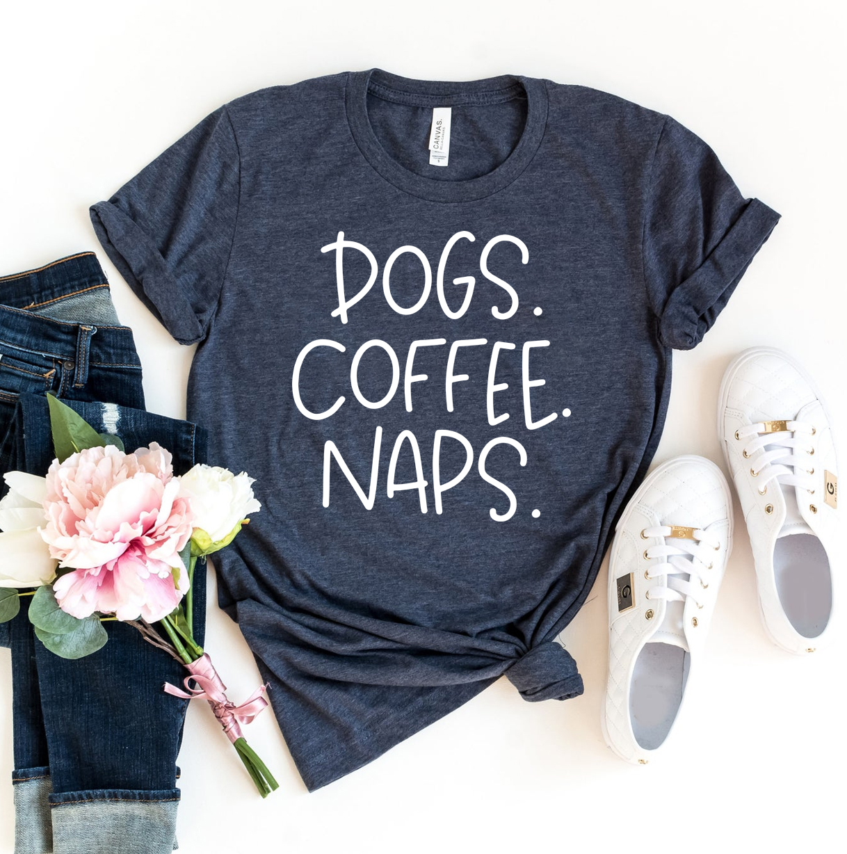 Dogs Coffee Naps T-shirt made of premium ring spun cotton, featuring a stylish design with soft textile flex print.