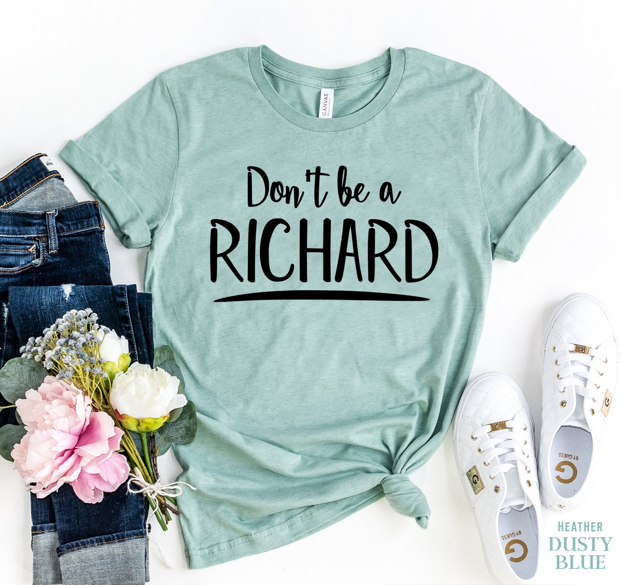 Don't Be A Richard T-shirt made of premium ring spun cotton, featuring a stylish flex print design, available in various sizes.