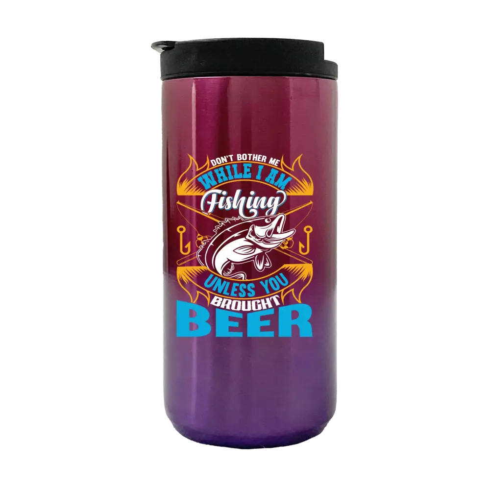 14oz insulated coffee tumbler with fishing design, stainless steel construction, and splash-proof lid.