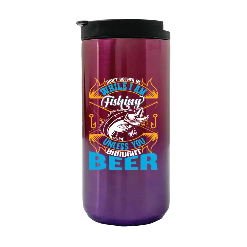 14oz insulated coffee tumbler with fishing design, stainless steel construction, and splash-proof lid.