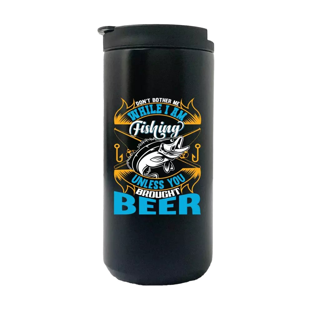 14oz insulated coffee tumbler with fishing design, stainless steel construction, and splash-proof lid.