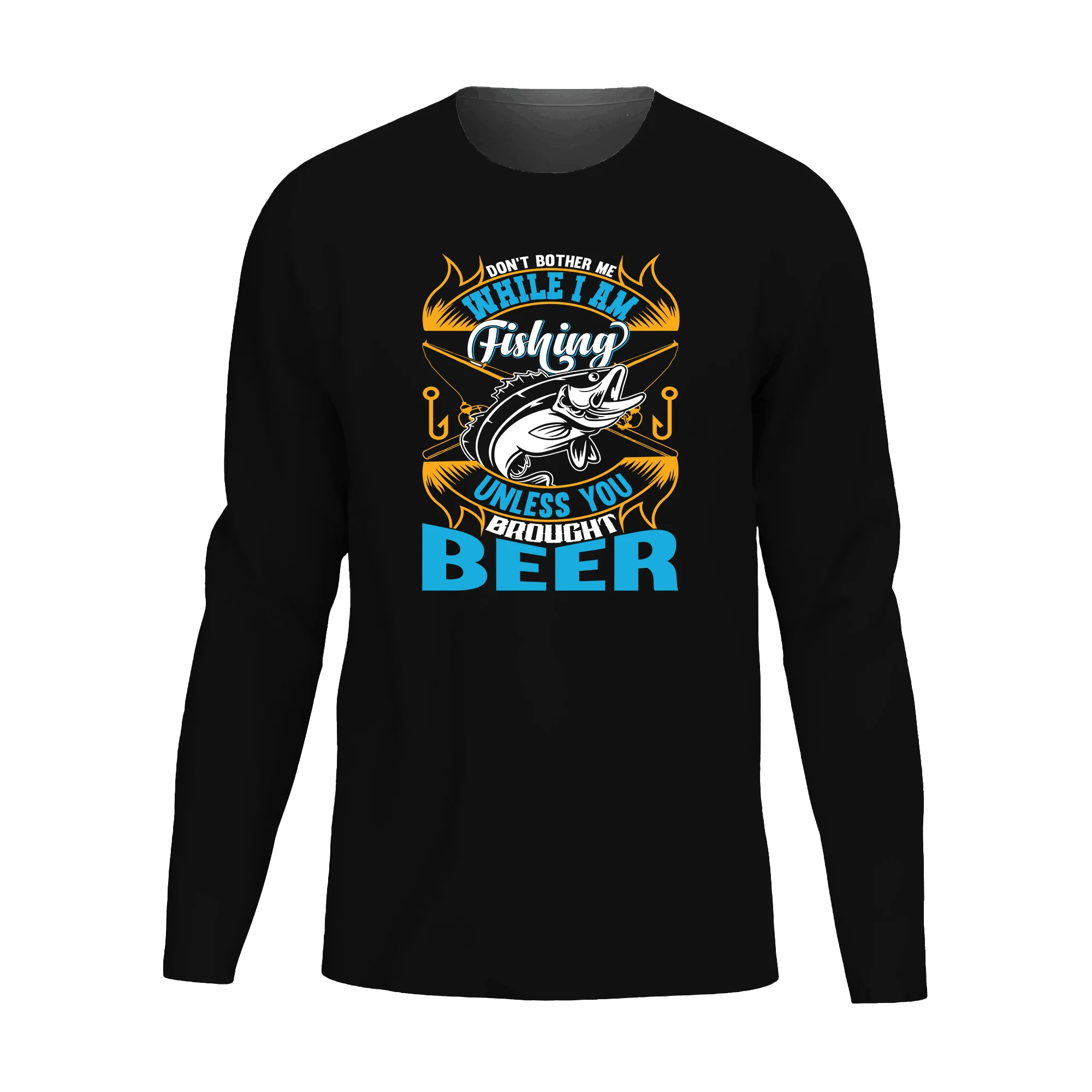 Men's long sleeve shirt with 'Don't Bother Me While I'm Fishing' design, showcasing a casual and stylish look for fishing enthusiasts.