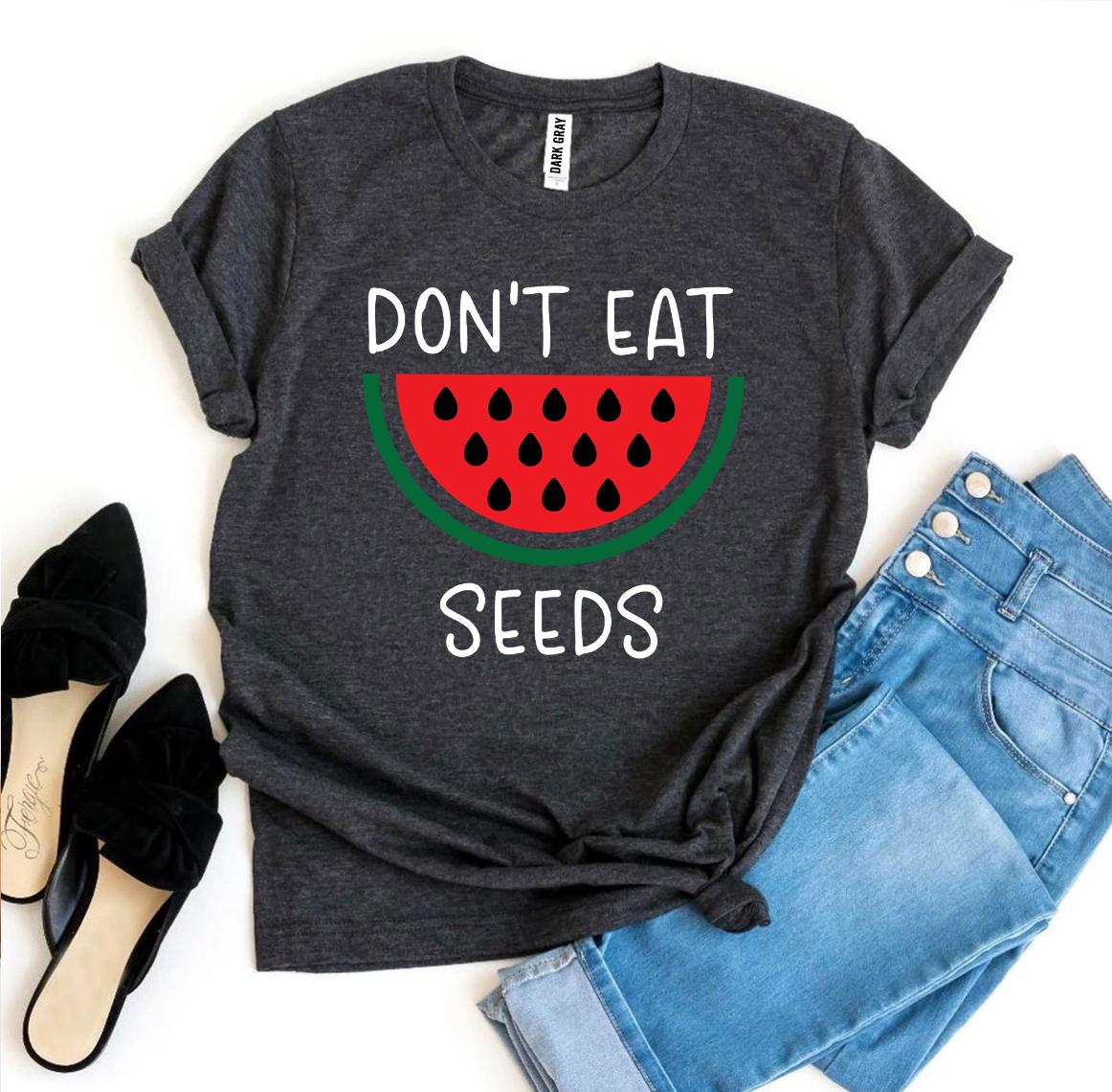 Don’t Eat Watermelon Seeds T-shirt made of soft ring spun cotton with a playful design, available in various sizes.