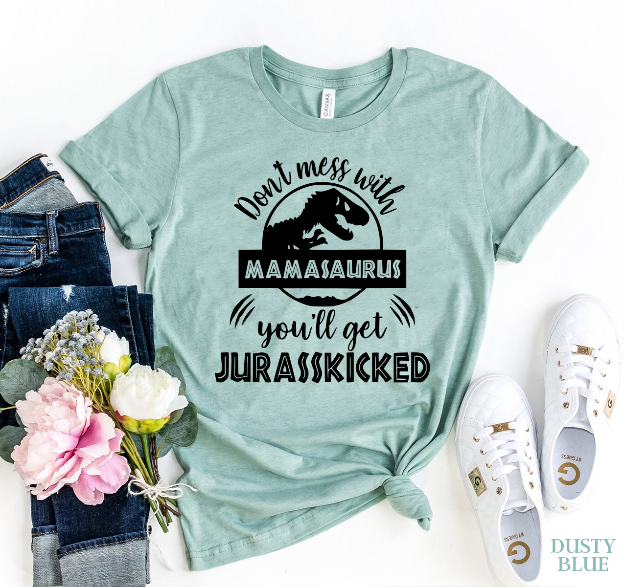 Don't Mess With Mamasauras T-shirt made from premium ring spun cotton, featuring a playful design and available in various sizes.