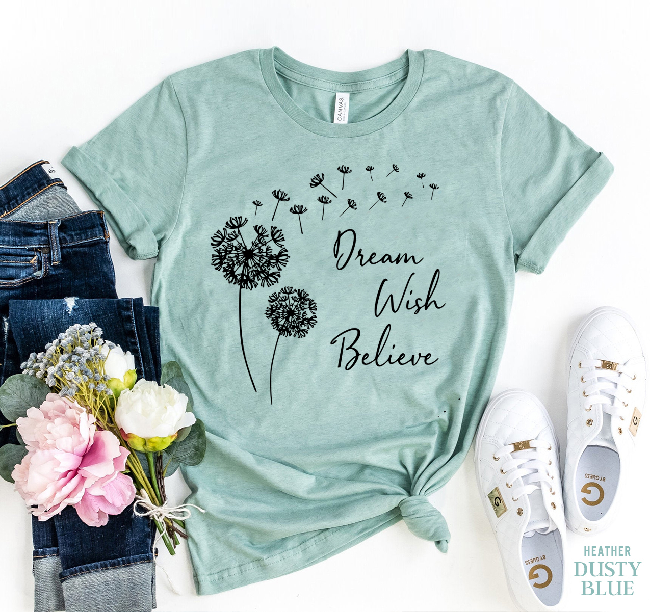 Dream Wish Believe T-shirt made from premium ring spun cotton, featuring a soft textile flex print design.