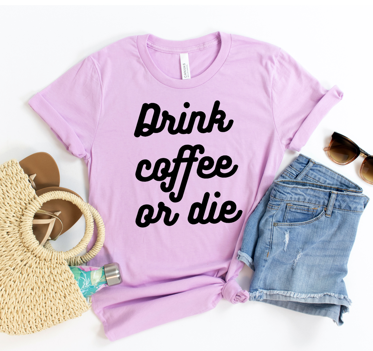 Drink Coffee Or Die T-shirt in black, featuring bold white text, made from soft cotton fabric.