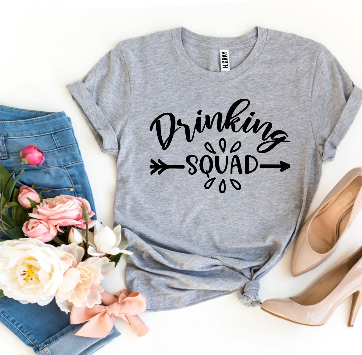 Drinking Squad T-shirt made of premium ring spun cotton, featuring a vibrant flex print design, available in various sizes.