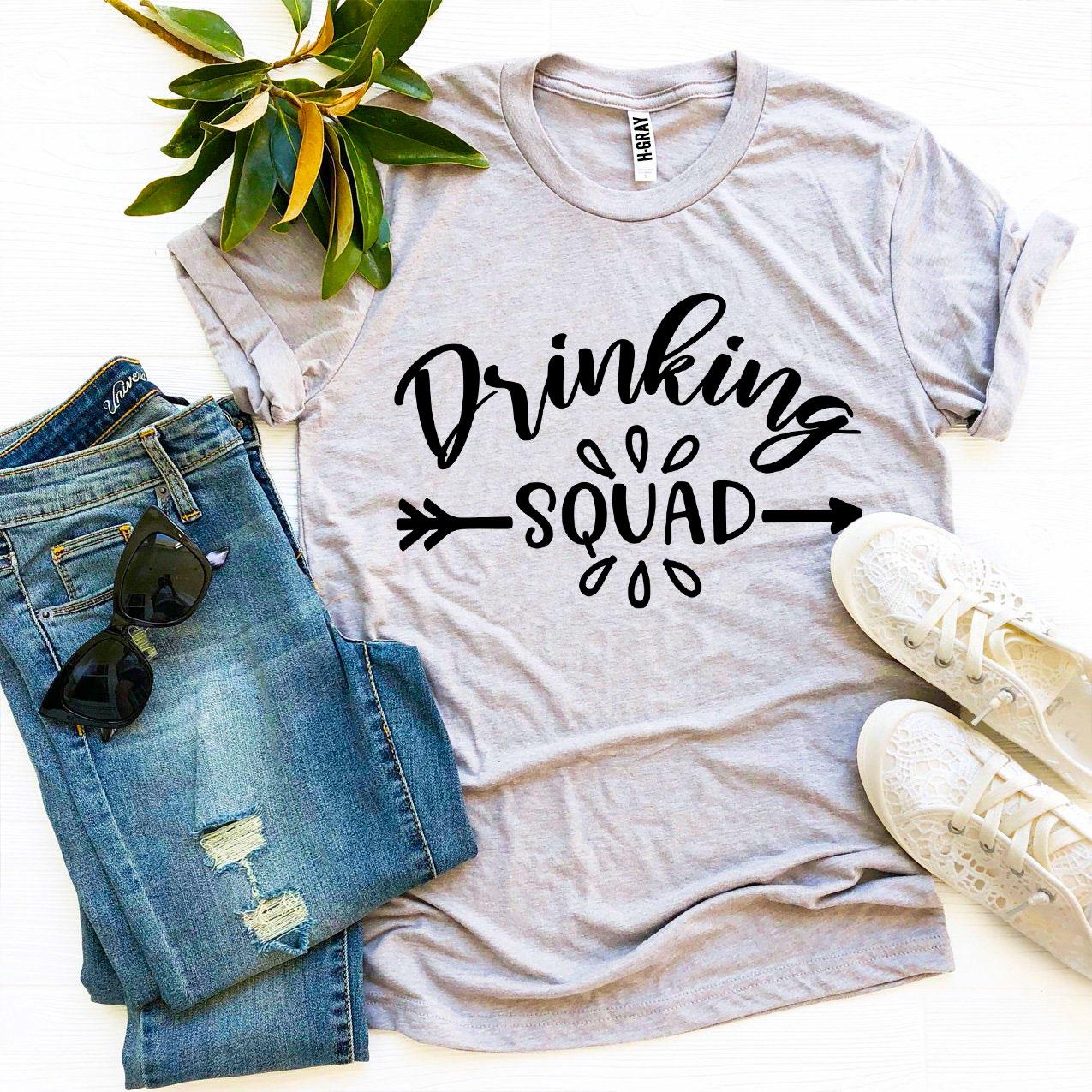 Drinking Squad T-shirt made of premium ring spun cotton, featuring a vibrant flex print design, available in various sizes.