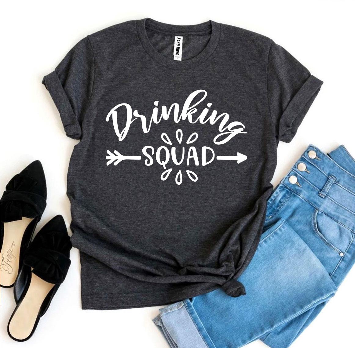 Drinking Squad T-shirt made of premium ring spun cotton, featuring a vibrant flex print design, available in various sizes.