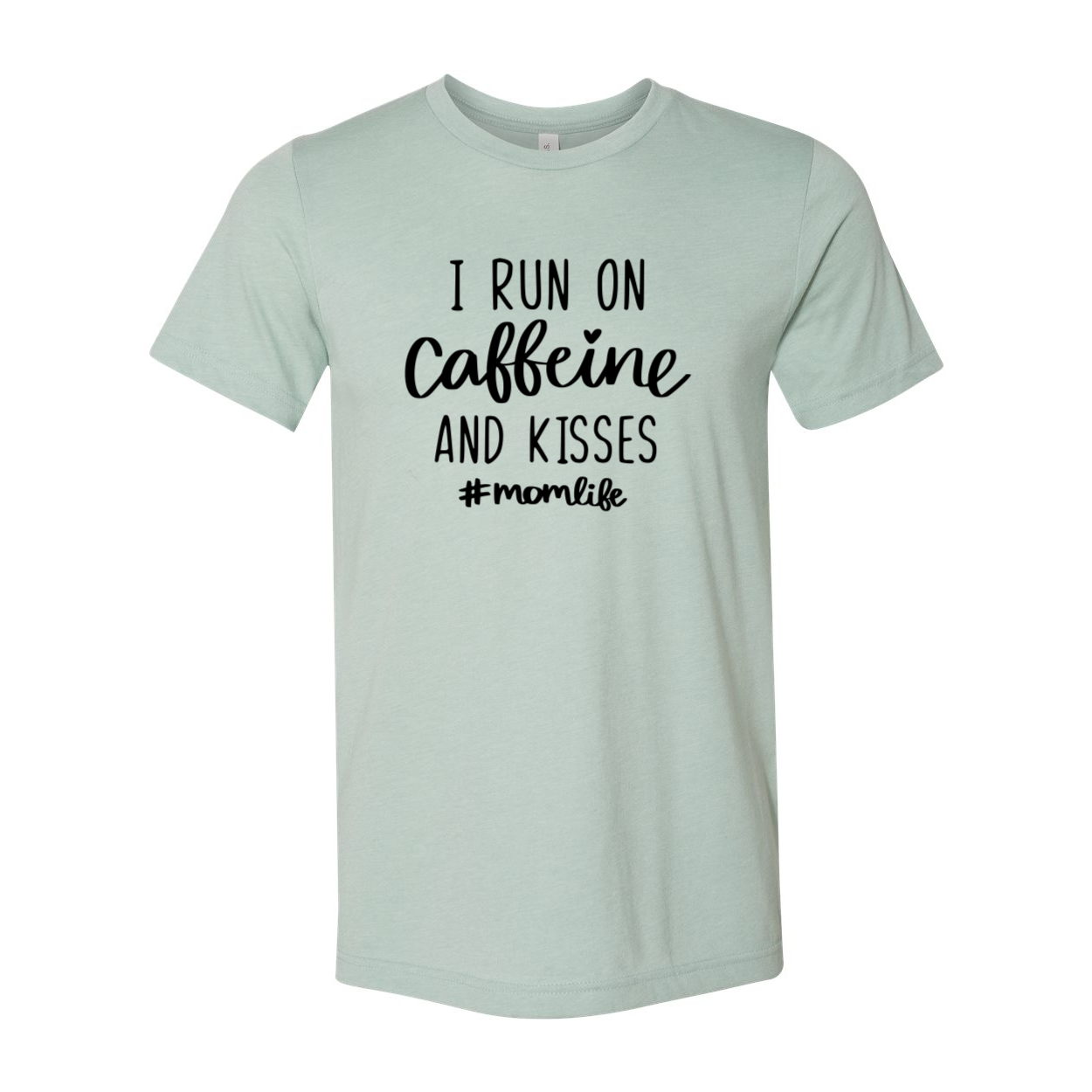 Unisex T-shirt featuring the slogan 'I Run on Caffeine and Kisses' in a vibrant color, made from soft ring spun cotton.