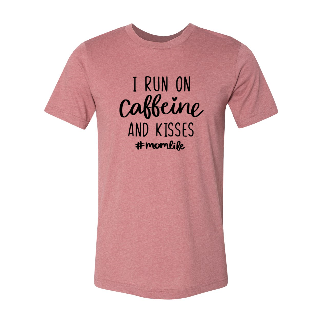 Unisex T-shirt featuring the slogan 'I Run on Caffeine and Kisses' in a vibrant color, made from soft ring spun cotton.