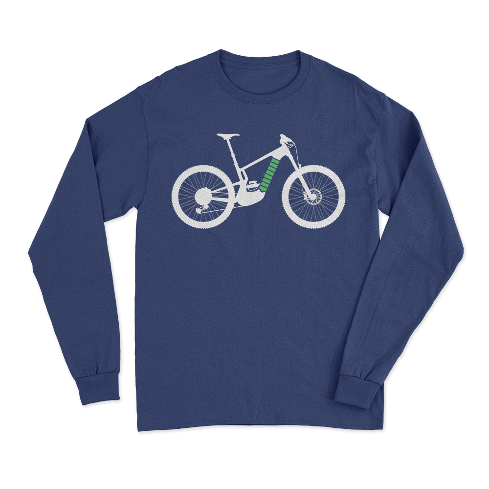 E Bike Men Long Sleeve Shirt in classic midweight fabric, featuring a non-topstitched collar and double-needle sleeves, perfect for cycling and casual wear.