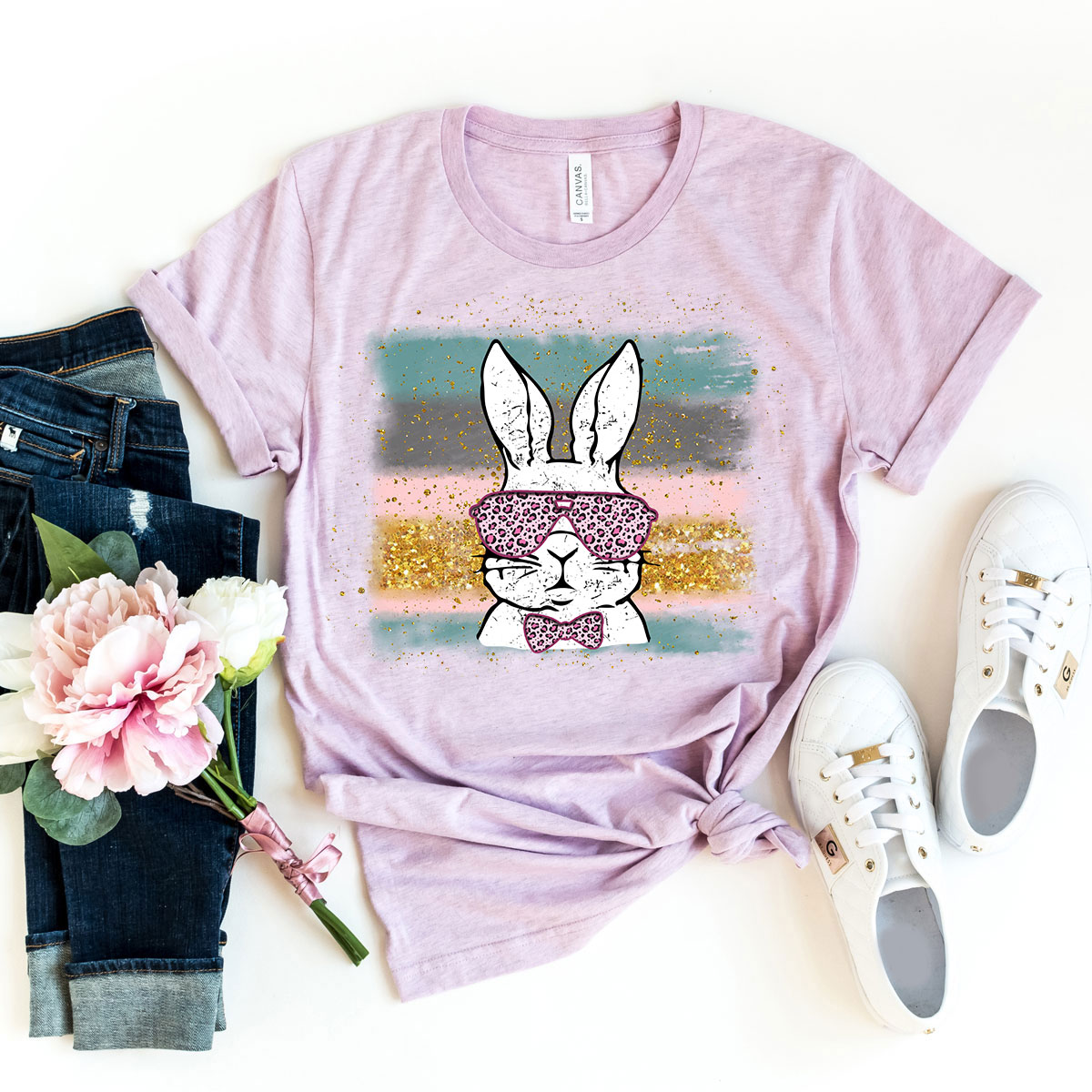 A colorful Easter Bunny Shirt made from soft ring spun cotton, featuring a classic crew neck and short sleeves, perfect for festive celebrations.