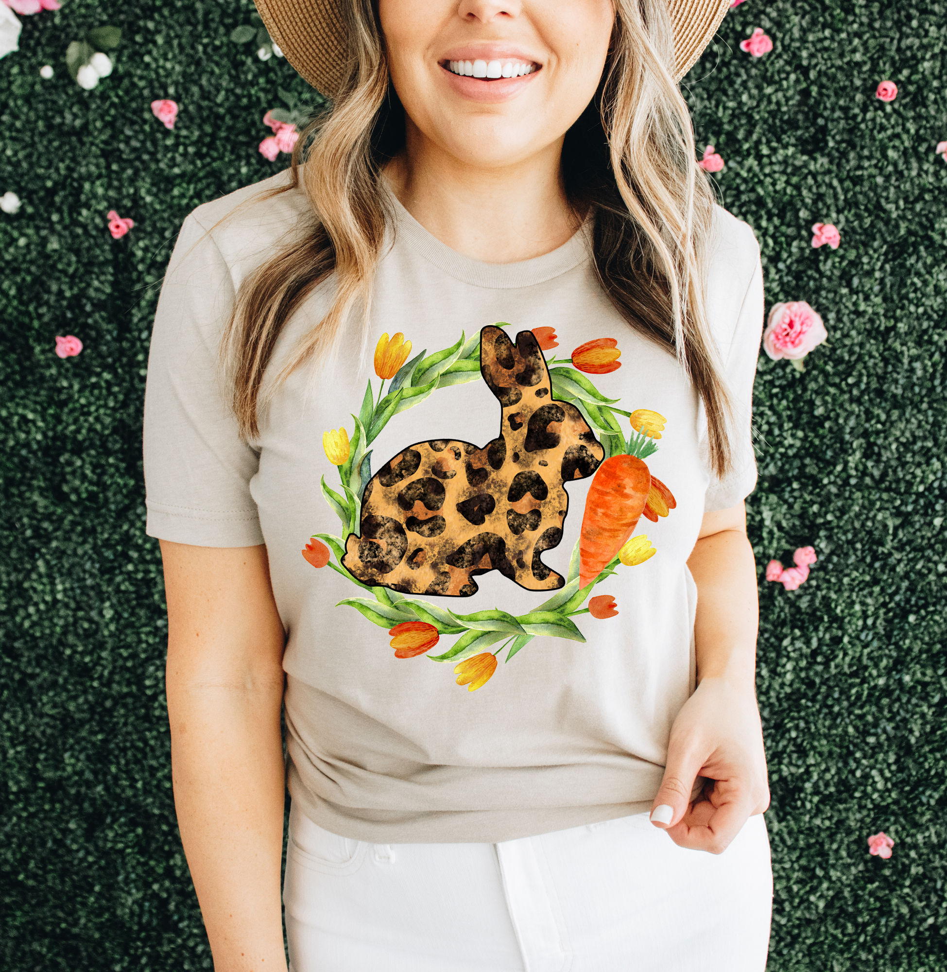 Easter Leopard Bunny T-shirt featuring a vibrant leopard bunny design on premium cotton fabric.