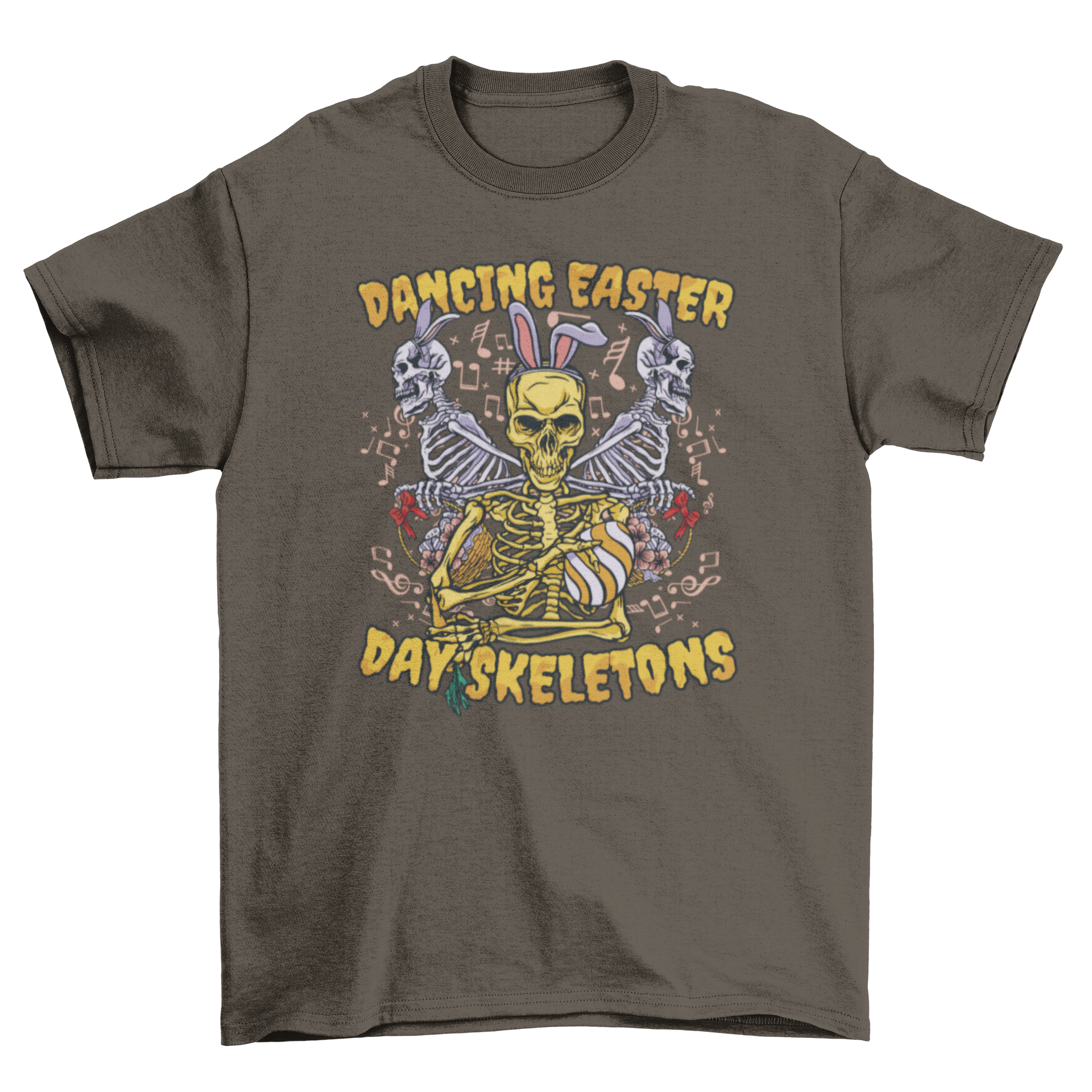 Easter skeletons holiday t-shirt featuring three skeletons with rabbit ears and colorful Easter eggs.