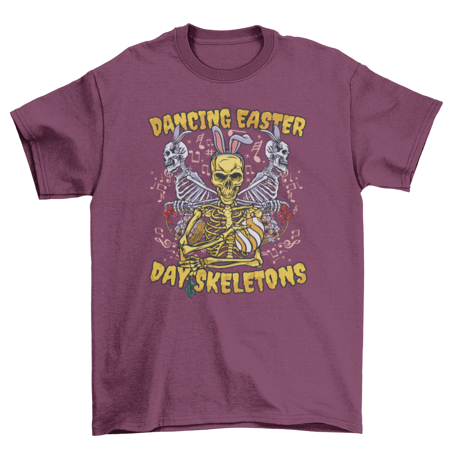 Easter skeletons holiday t-shirt featuring three skeletons with rabbit ears and colorful Easter eggs.