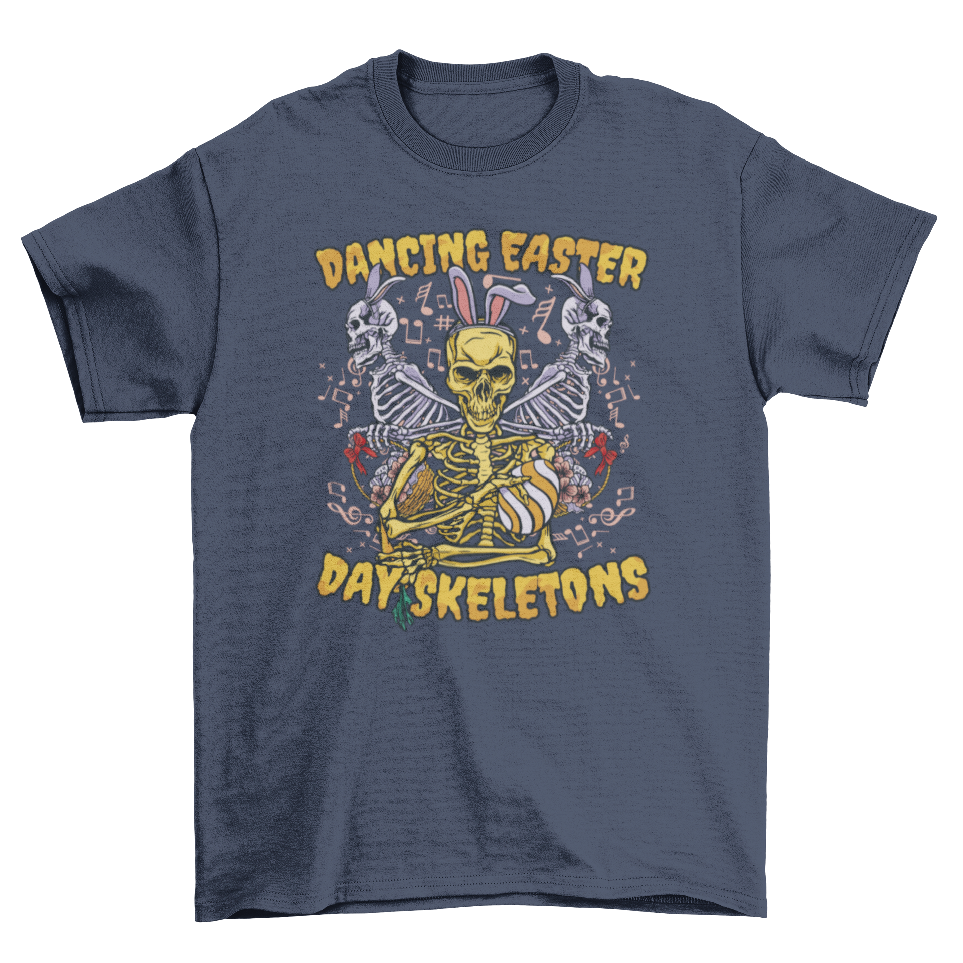 Easter skeletons holiday t-shirt featuring three skeletons with rabbit ears and colorful Easter eggs.