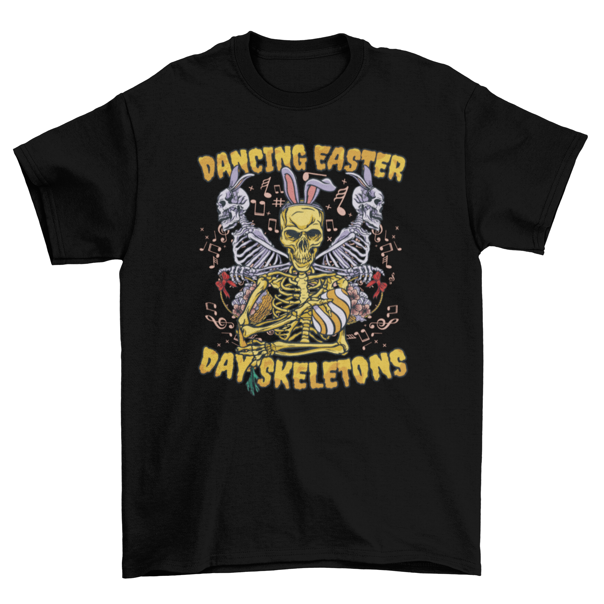 Easter skeletons holiday t-shirt featuring three skeletons with rabbit ears and colorful Easter eggs.