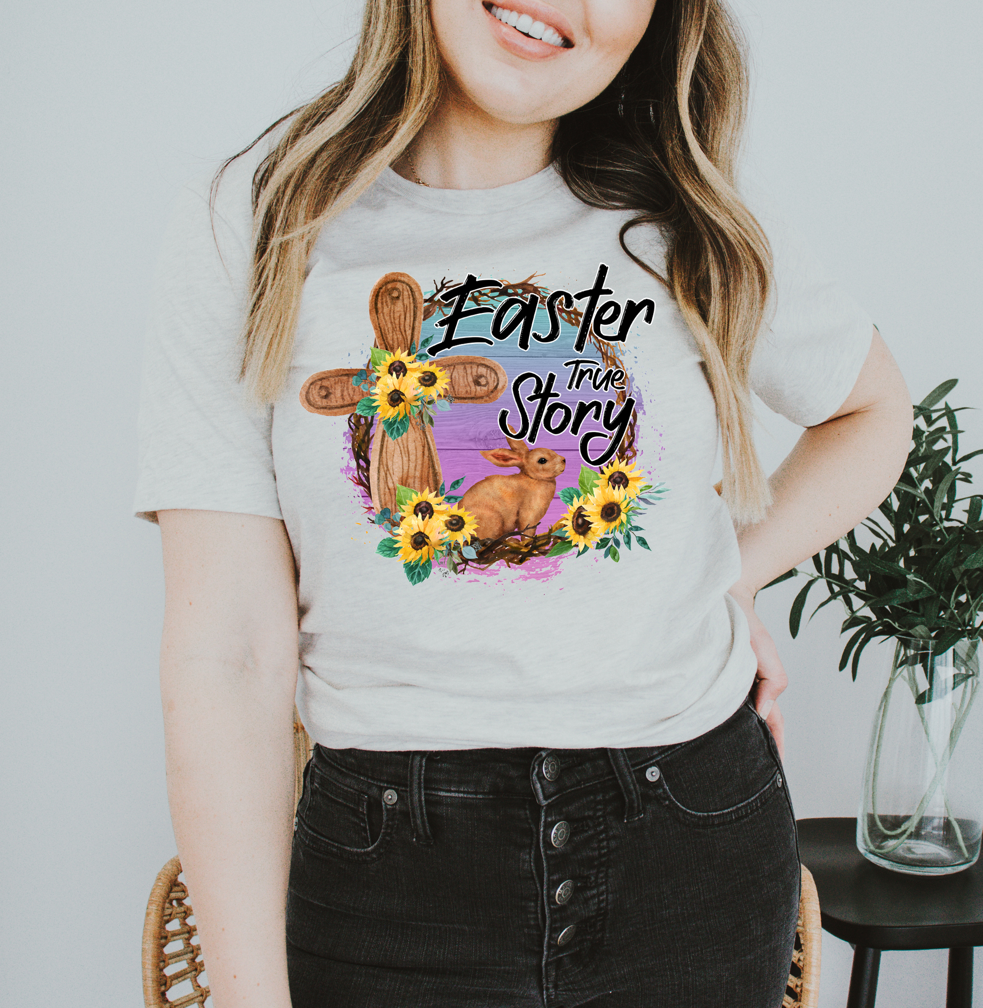 Easter True Story T-shirt made of premium ring spun cotton with a vibrant design, available in various sizes.