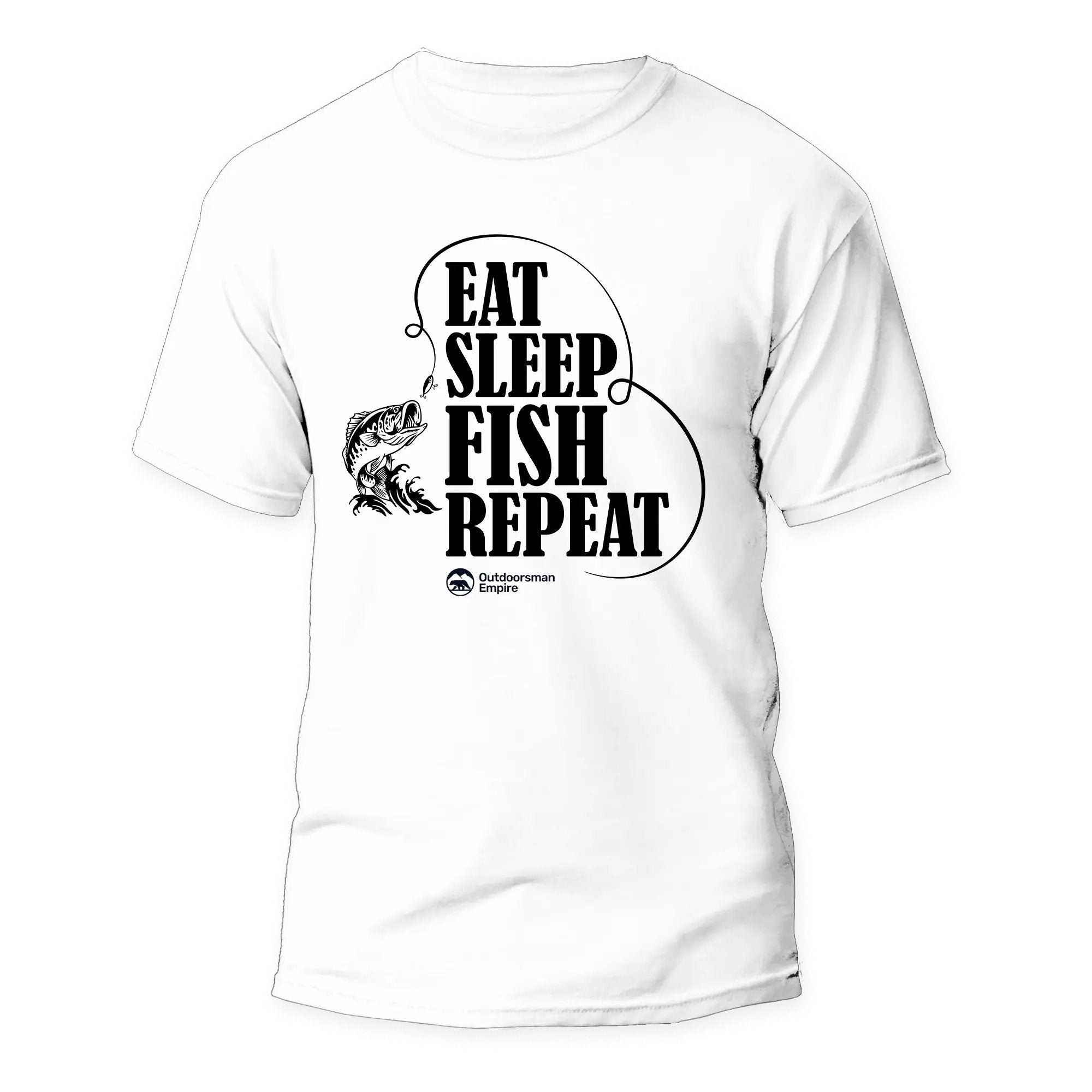 Eat Sleep Fish Repeat Man T-Shirt featuring a unique fishing-themed design in a comfortable fit, made from 100% Ringspun Cotton.