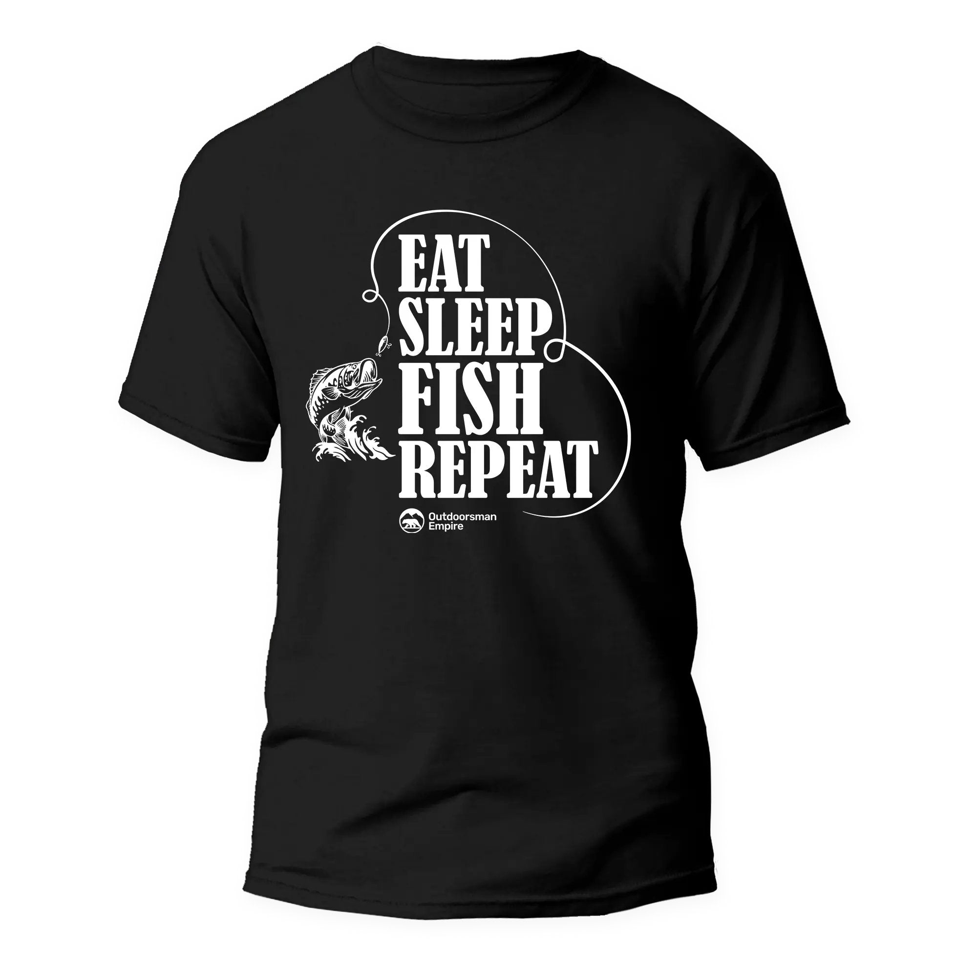 Eat Sleep Fish Repeat Man T-Shirt featuring a unique fishing-themed design in a comfortable fit, made from 100% Ringspun Cotton.