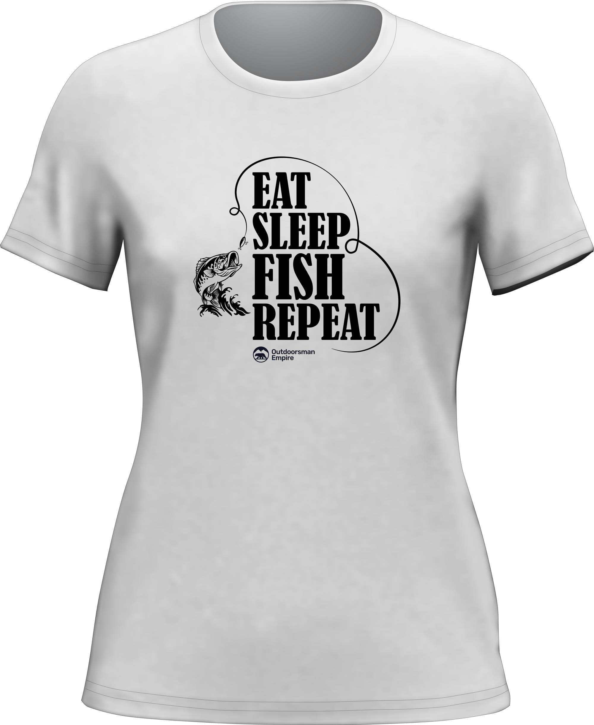 Women’s Eat Sleep Fish Repeat T-Shirt featuring a fun fishing-themed design in a comfortable fit.