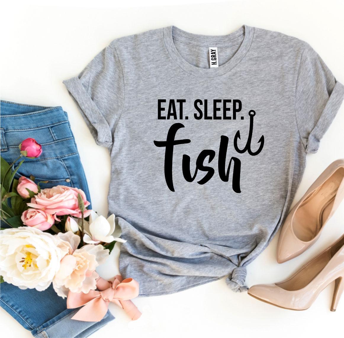 Eat Sleep Fish T-shirt made of premium ring spun cotton with a vibrant flex print design, available in various sizes.