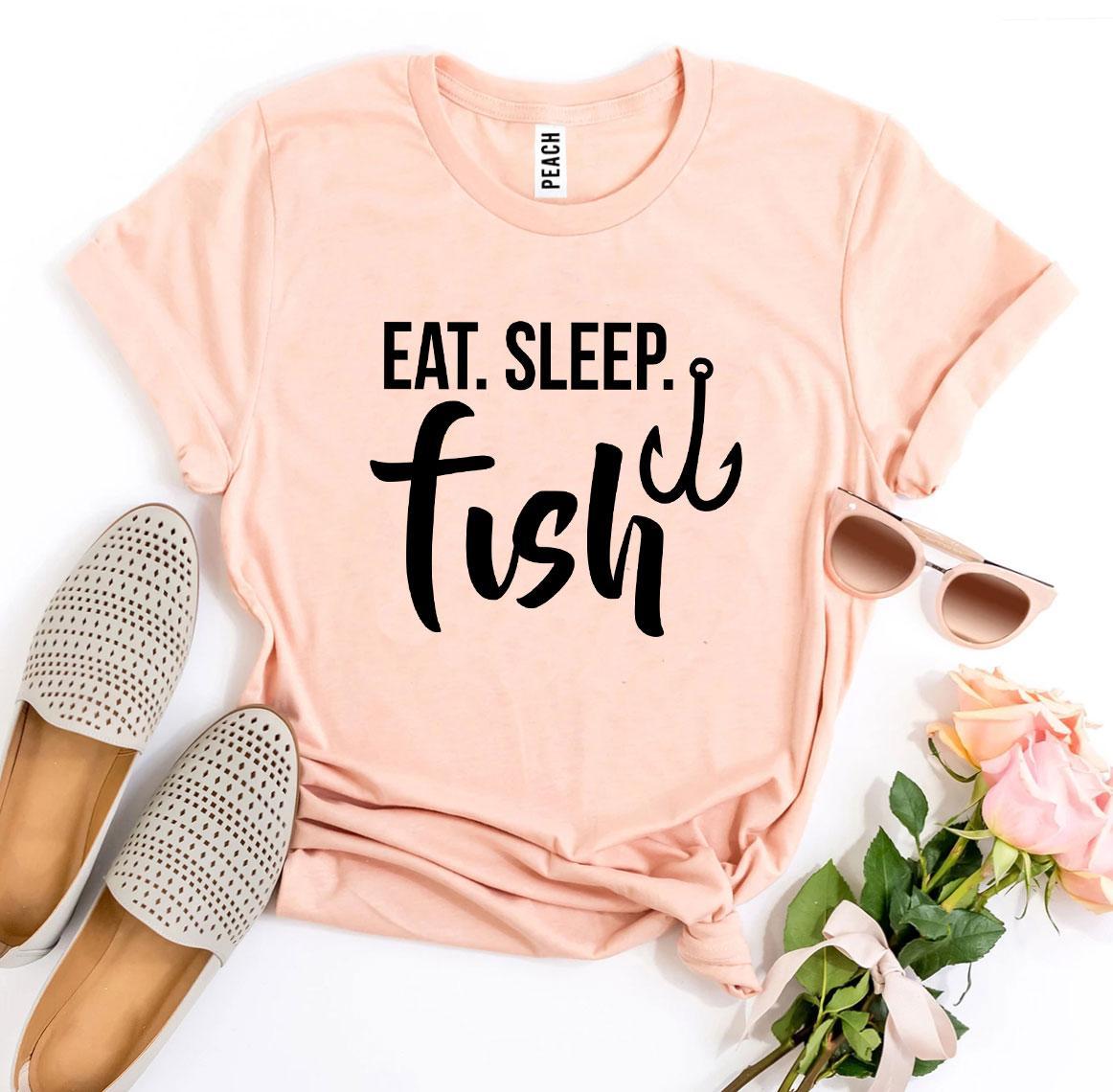 Eat Sleep Fish T-shirt made of premium ring spun cotton with a vibrant flex print design, available in various sizes.