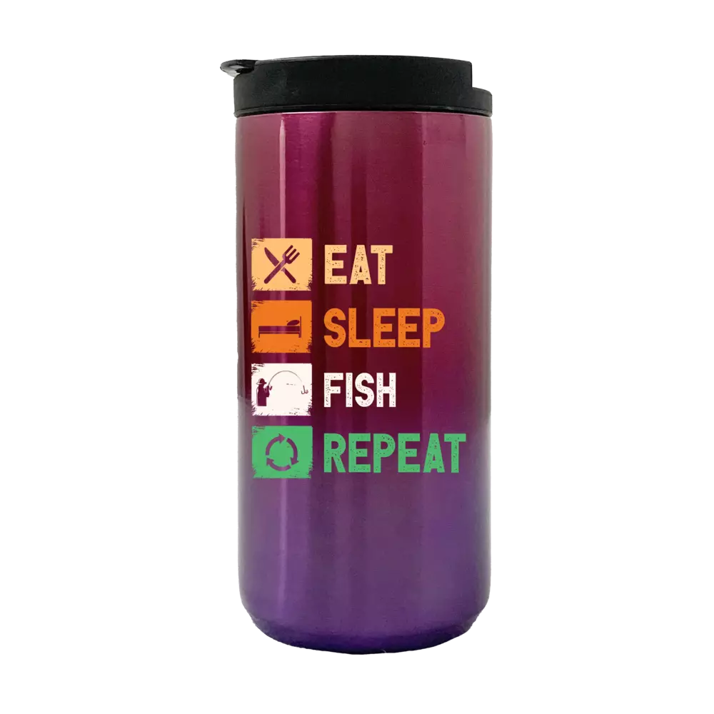 Eat Sleep Fishing Repeat 14oz insulated coffee tumbler with stainless steel finish and UV printed design.