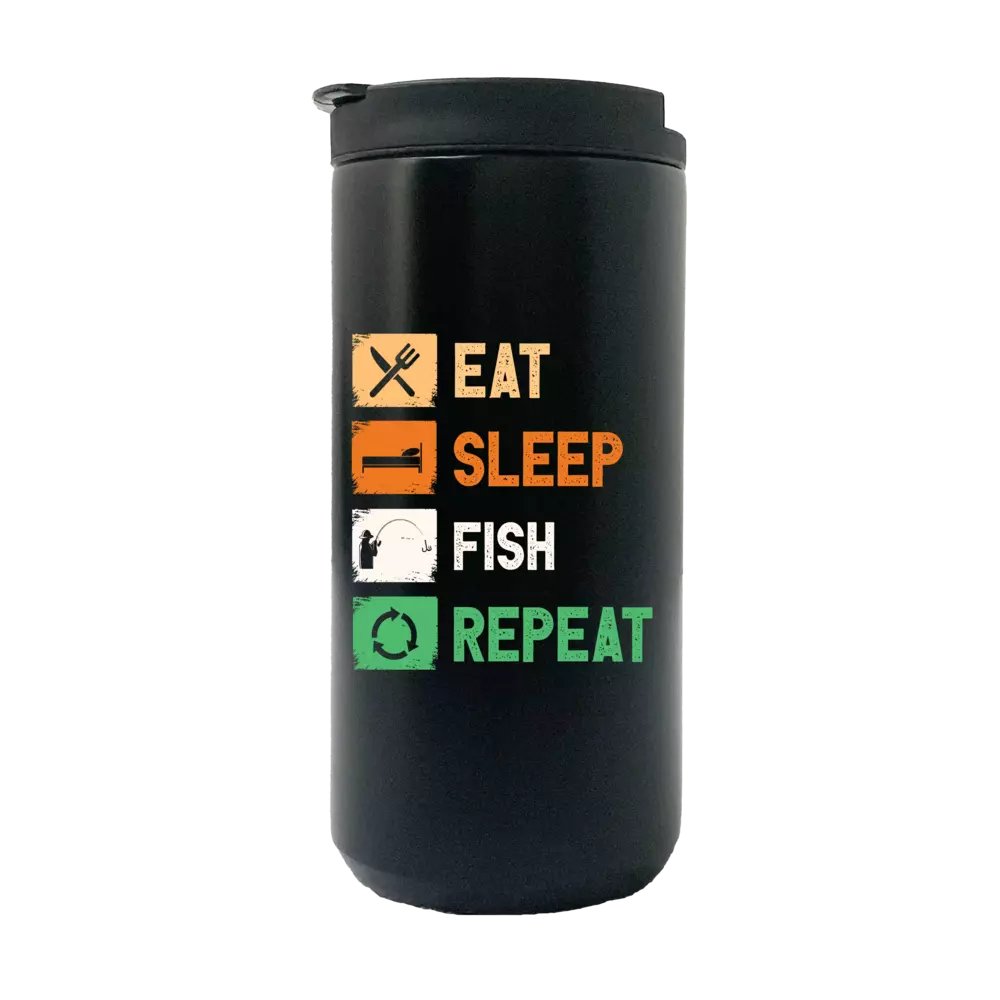 Eat Sleep Fishing Repeat 14oz insulated coffee tumbler with stainless steel finish and UV printed design.