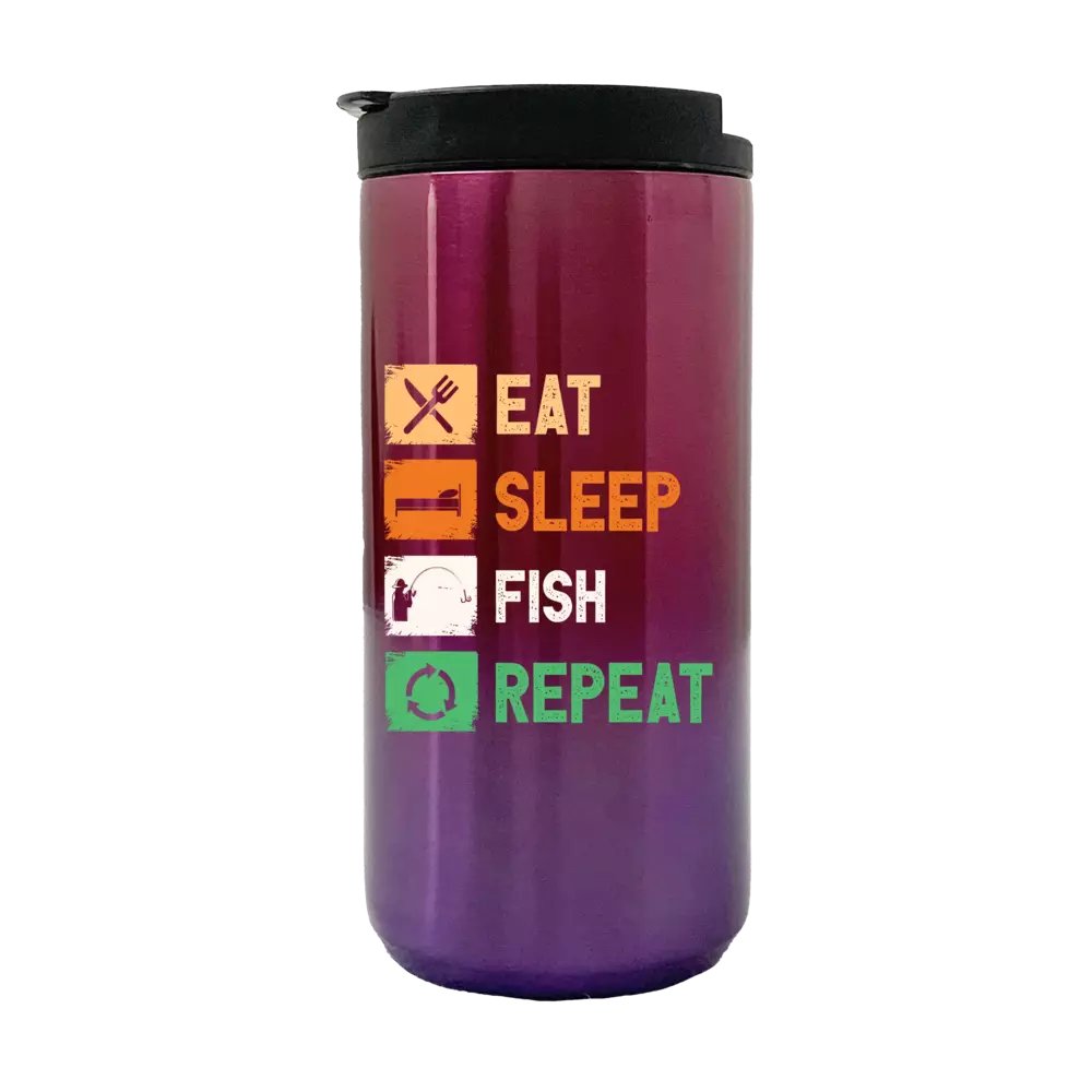 Eat Sleep Fishing Repeat 14oz insulated coffee tumbler with stainless steel finish and UV printed design.