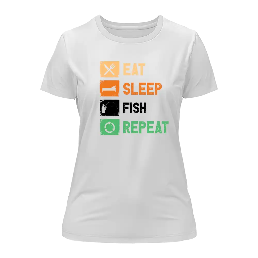 Women’s Eat Sleep Fishing Repeat T-Shirt featuring a catchy fishing-themed design in a comfortable fit.