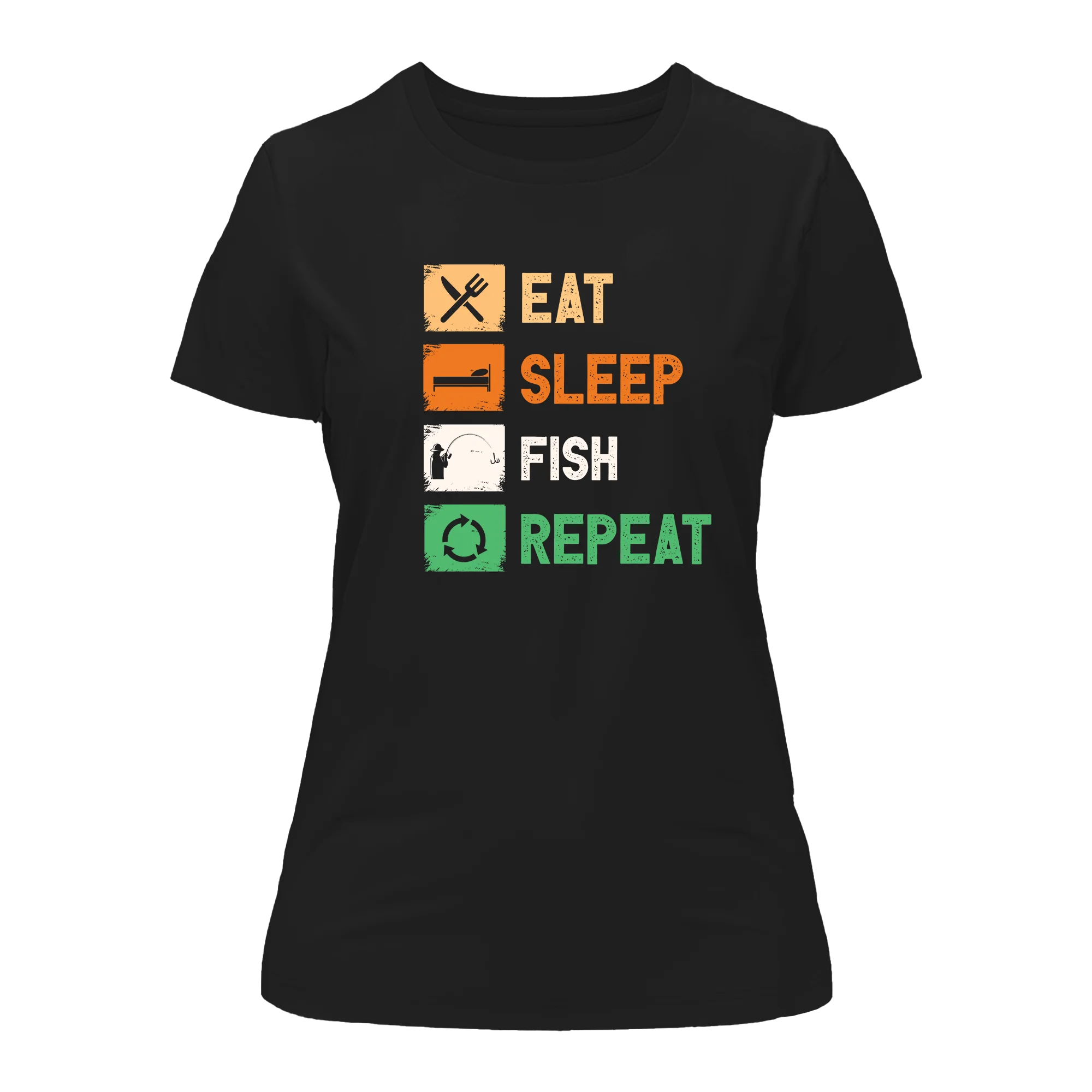 Women’s Eat Sleep Fishing Repeat T-Shirt featuring a catchy fishing-themed design in a comfortable fit.