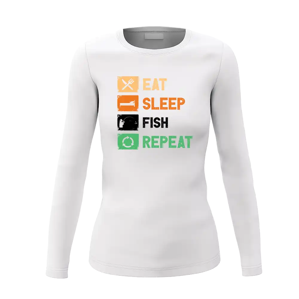 Women wearing a long sleeve shirt with 'Eat Sleep Fishing Repeat' design, showcasing a casual and stylish look.