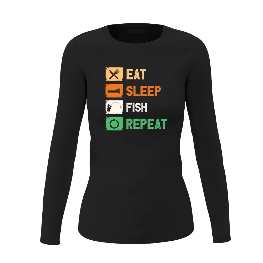 Women wearing a long sleeve shirt with 'Eat Sleep Fishing Repeat' design, showcasing a casual and stylish look.