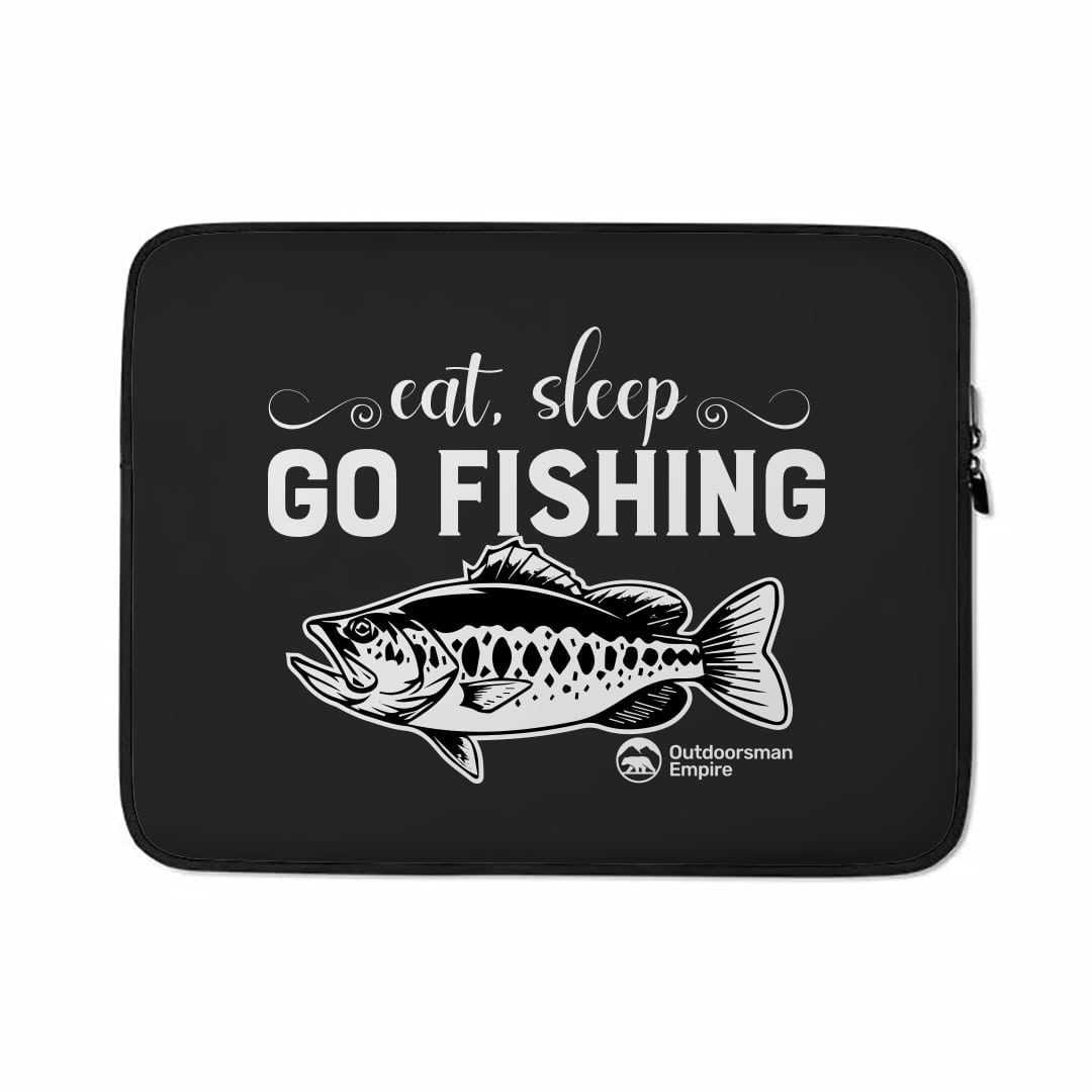 Eat Sleep Go Fishing Laptop Sleeve featuring neoprene material and faux fur lining, designed for 15-inch laptops.