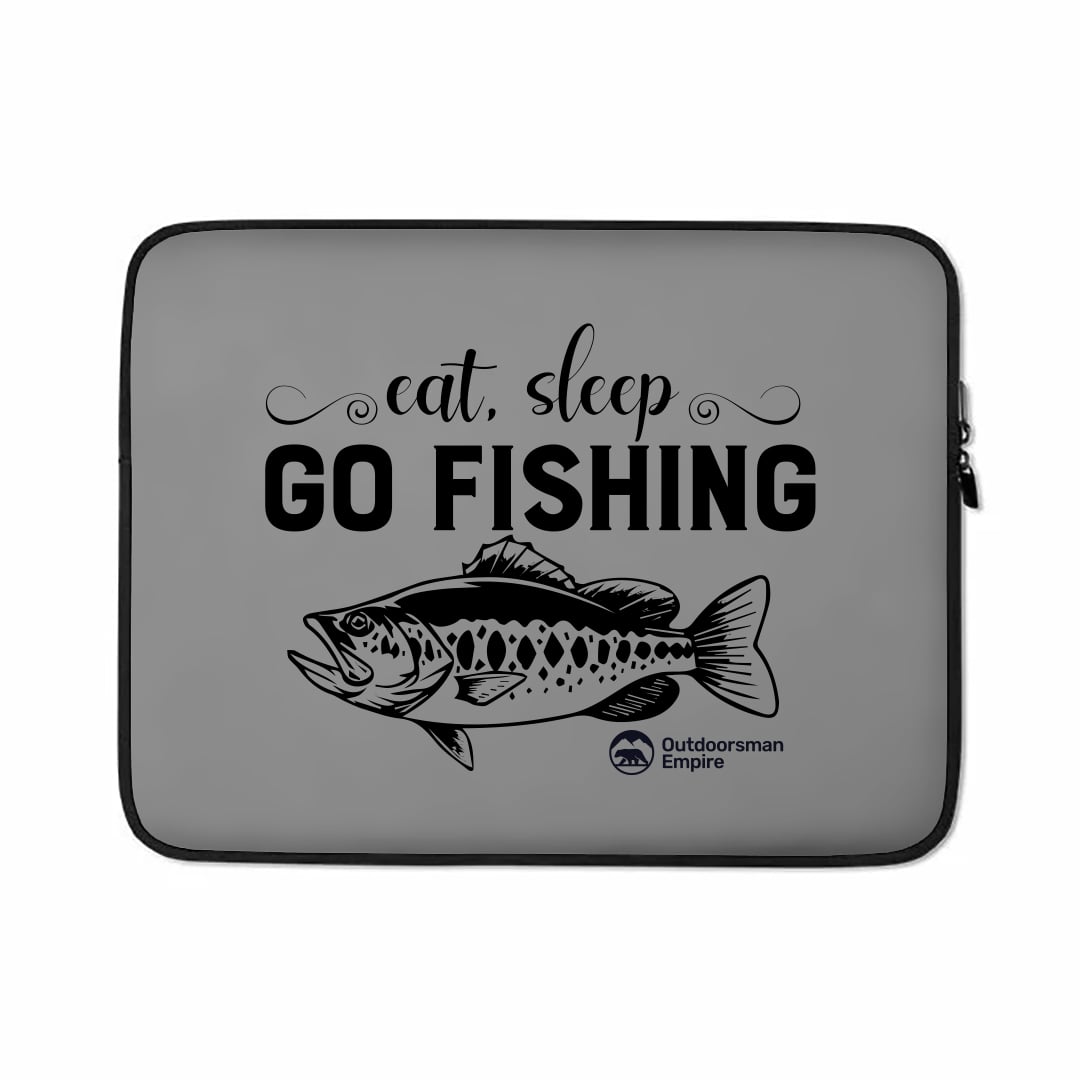 Eat Sleep Go Fishing Laptop Sleeve featuring neoprene material and faux fur lining, designed for 15-inch laptops.