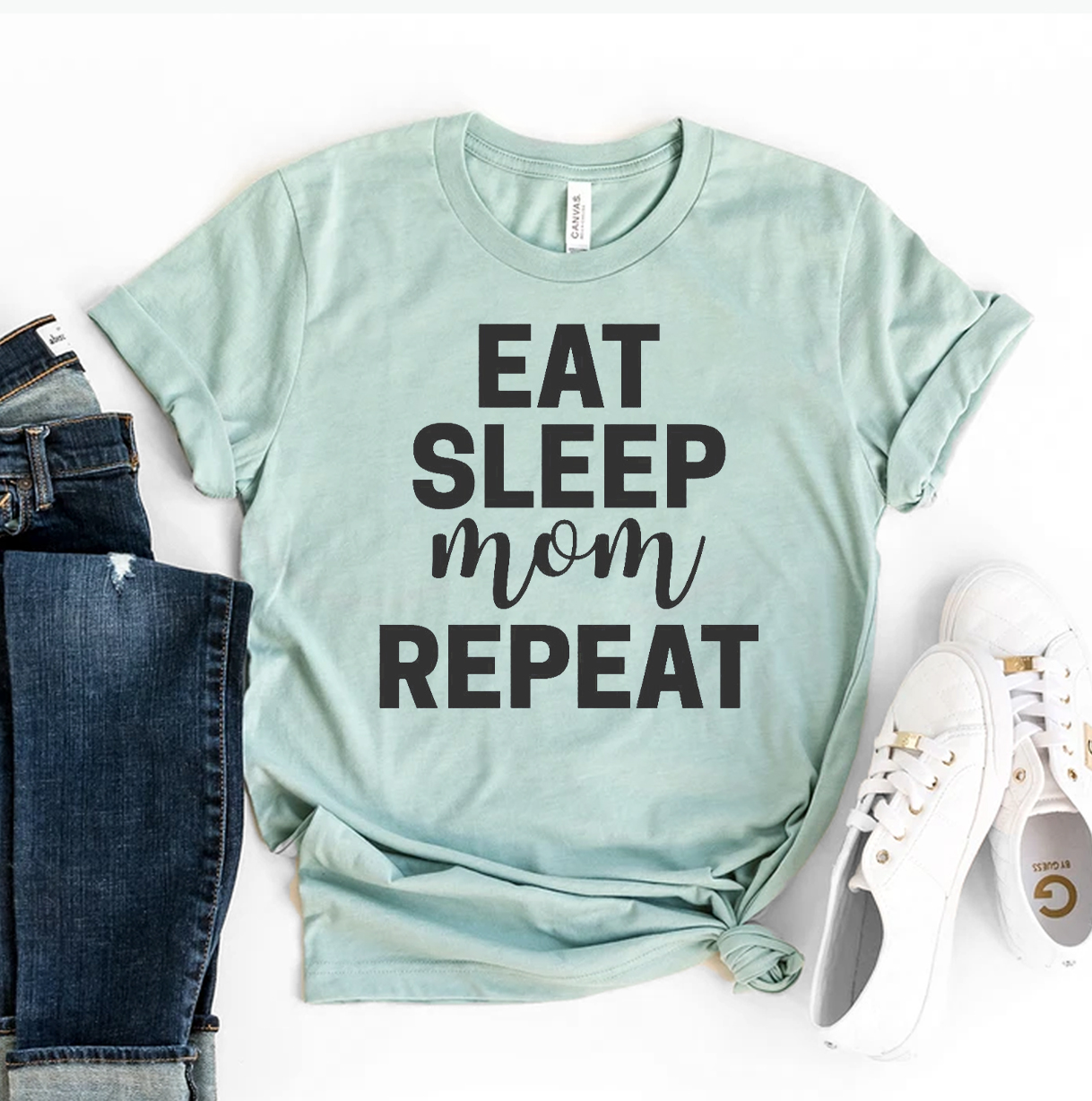 Eat Sleep Mom Repeat T-shirt made from premium ring spun cotton, featuring a vibrant flex print design.