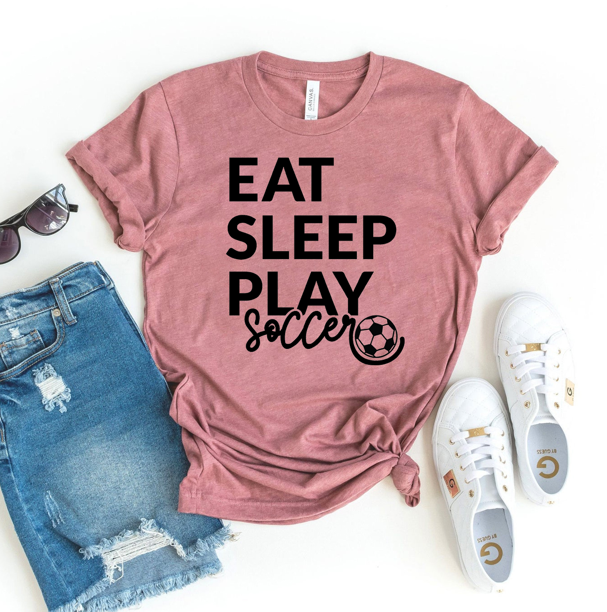 Eat Sleep Play Soccer T-shirt made of premium ring spun cotton with a stylish design and soft textile flex print.