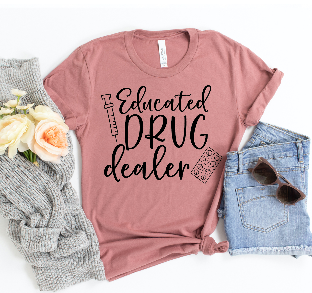 Educated Drug Dealer T-shirt in black, featuring a humorous design, made from soft airlume cotton.